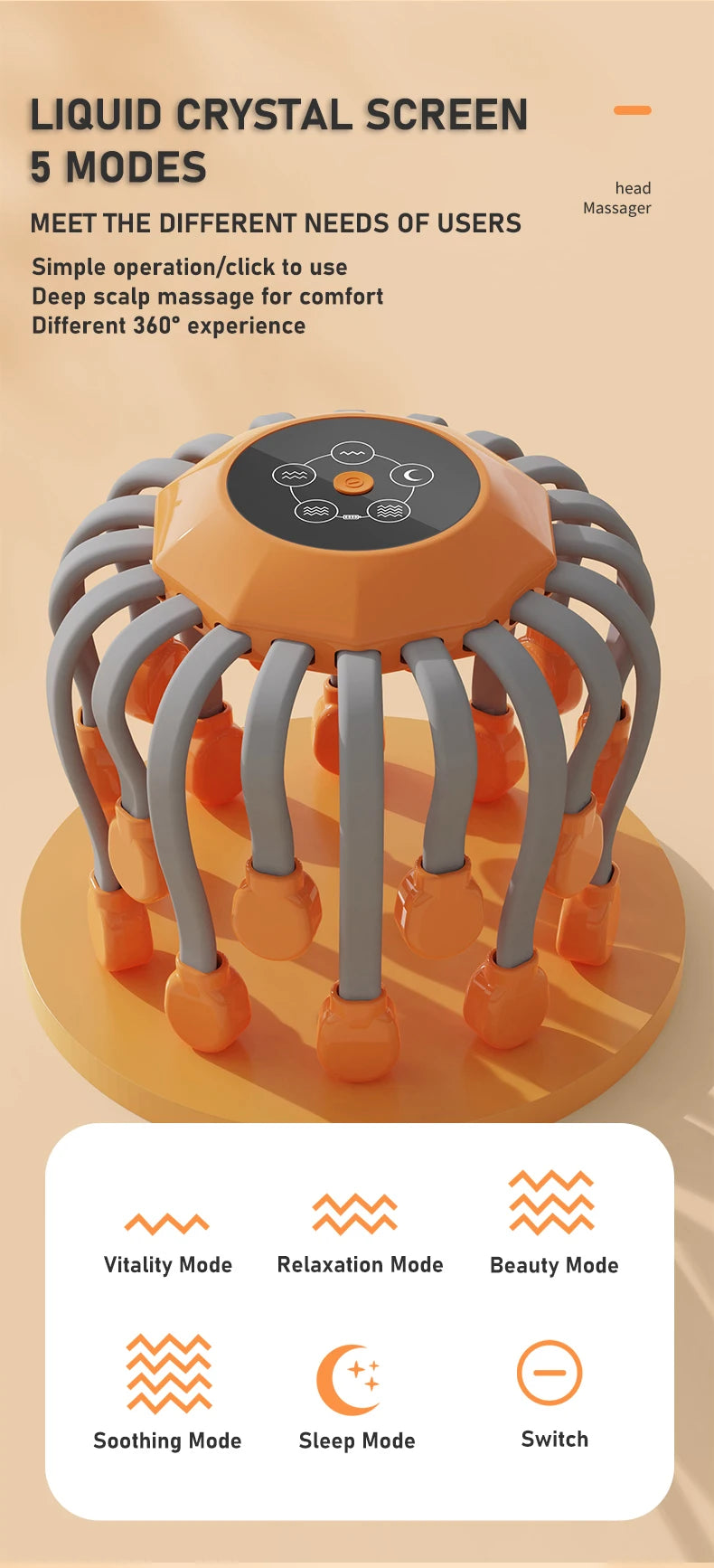20‑Head Scalp Massager with Red Light Therapy — Octopus Scratcher for Relaxation, Stress & Migraine Relief